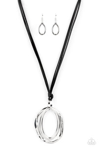 Long OVAL-due - Black Leather & Silver Necklace - Sabrina's Bling Collection