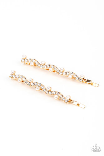 Ballroom Banquet - Gold Rhinestone & Pearl Hair Clip - Sabrina's Bling Collection