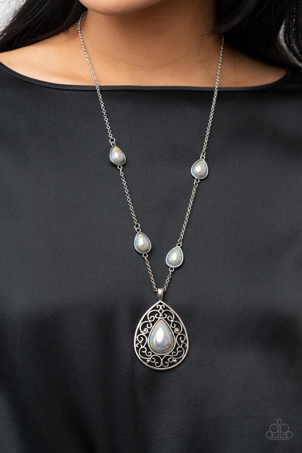 Magical Masquerade - Silver Iridescent Teardrop Necklace - Paparazzi Accessories