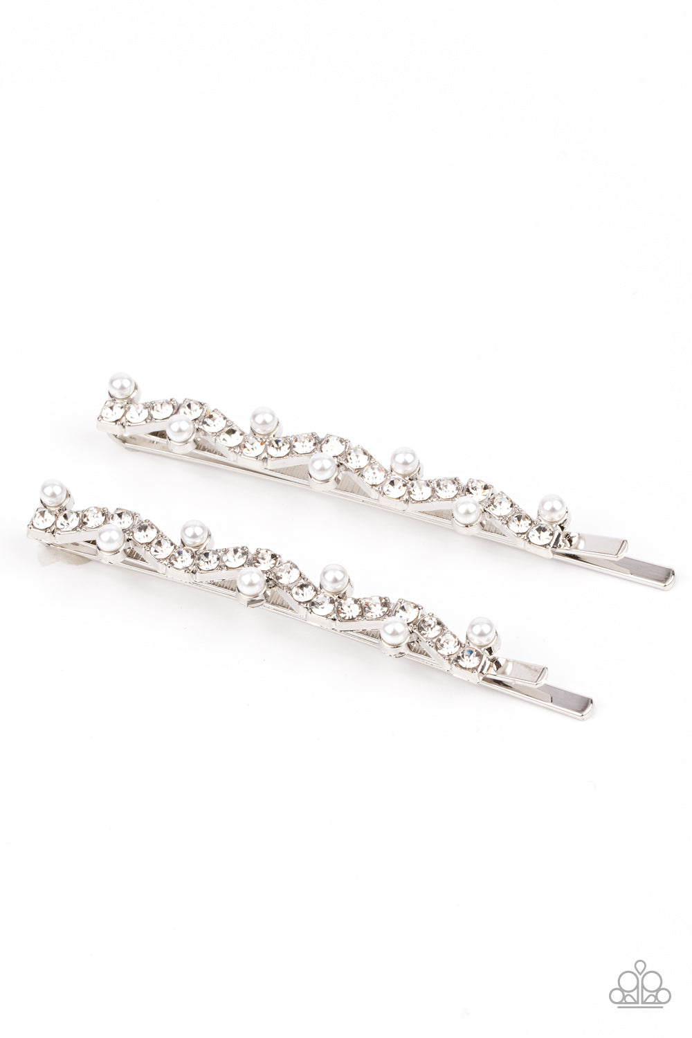 Ballroom Banquet - White Rhinestone & Pearl Hair Clips - Sabrina's Bling Collection