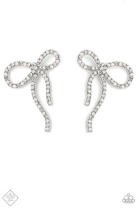 Deluxe Duet - White Rhinestone Bow Earrings - December 2022 Fashion Fix - Sabrina's Bling Collection